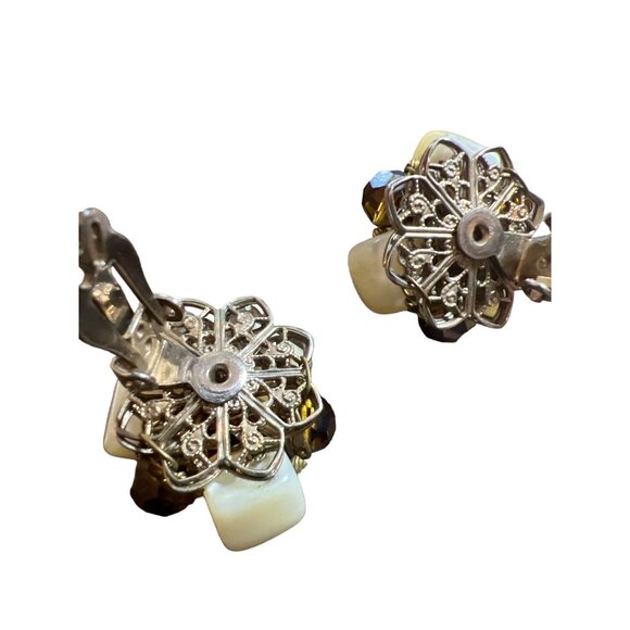 Vintage Clip-on Earrings AB MOP Haskell Era Filagree Back Smoky Quartz Look - Picture 11 of 16